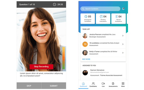 Left: Mobile view of a candidate's video interview. Right: Mobile screen of a recruiter on Talview's Recruiter App
