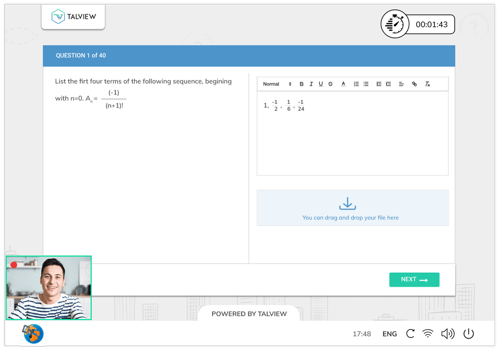 A remote proctored examination on Talview platform with the video feed of the test taker visible