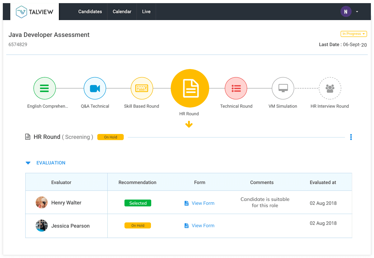 A configurable workflow created with Talview hiring software to hire a Java Developer